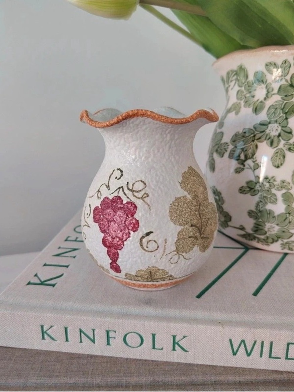 White Textured Vase with Pink Grape Motif and Gold Leaf Accents by